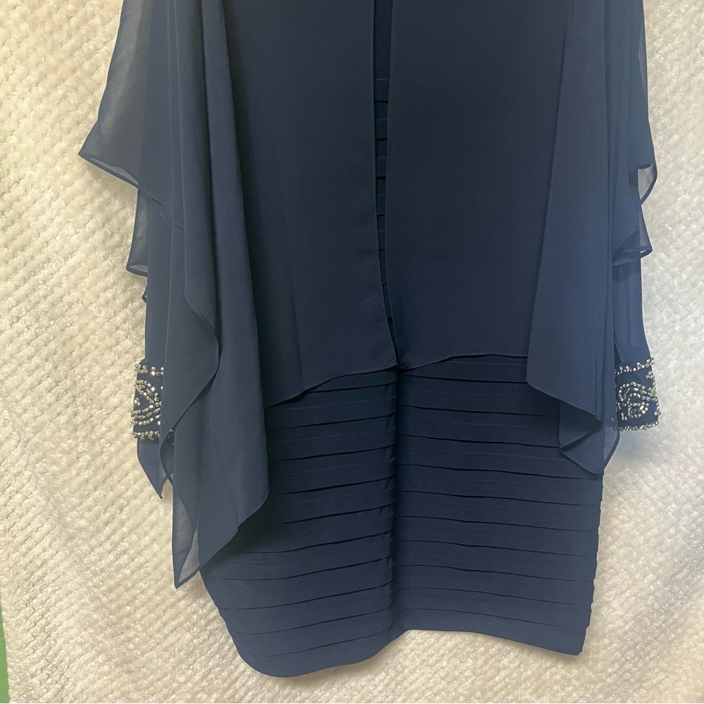 Betsy & Adam Navy Blue Cold Shoulder Popover Dress Embellished Cuffs Size 10 - Picture 11 of 12